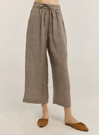 100% Linen Checked Drawstring-Waist Wide Pants - Bark, OS image