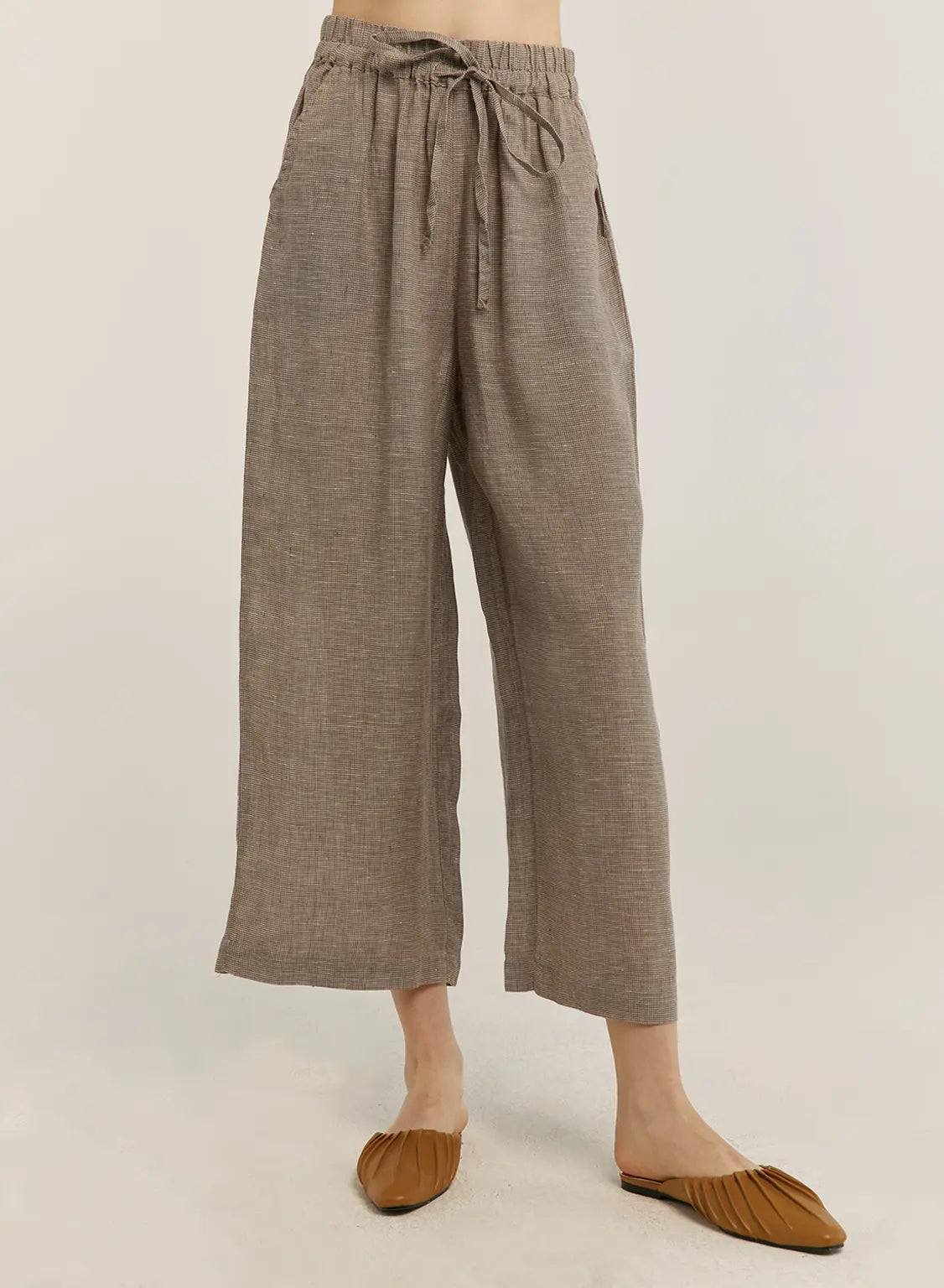 100% Linen Checked Drawstring-Waist Wide Pants - Bark, OS image