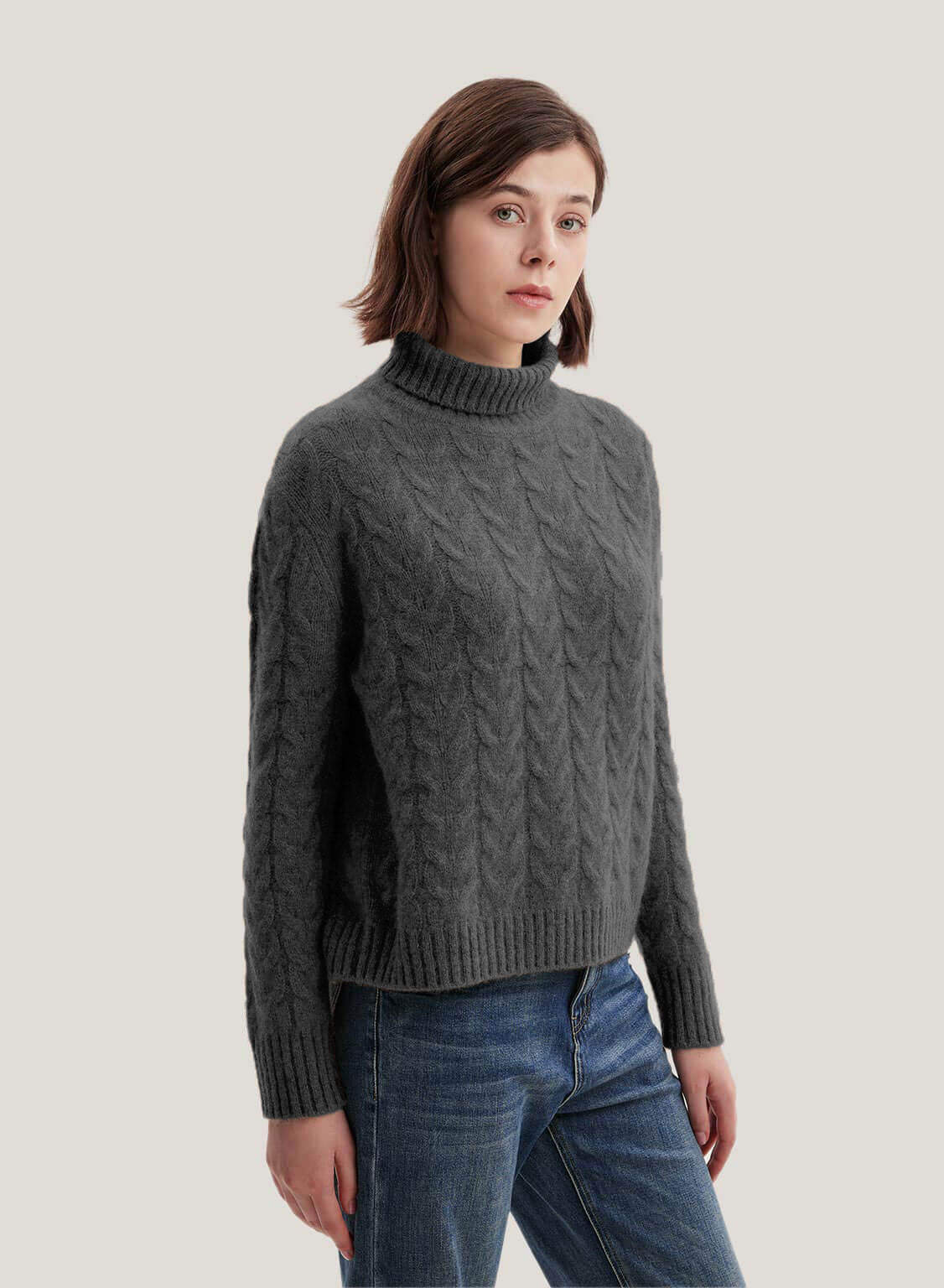 Roll-Neck Cable-Knit Wool-Cashmere Sweater - Smoke, XS image