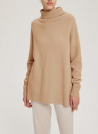 Ribbed-Trim Funnel-Neck Wool-Cashmere Sweater - Beige, M image