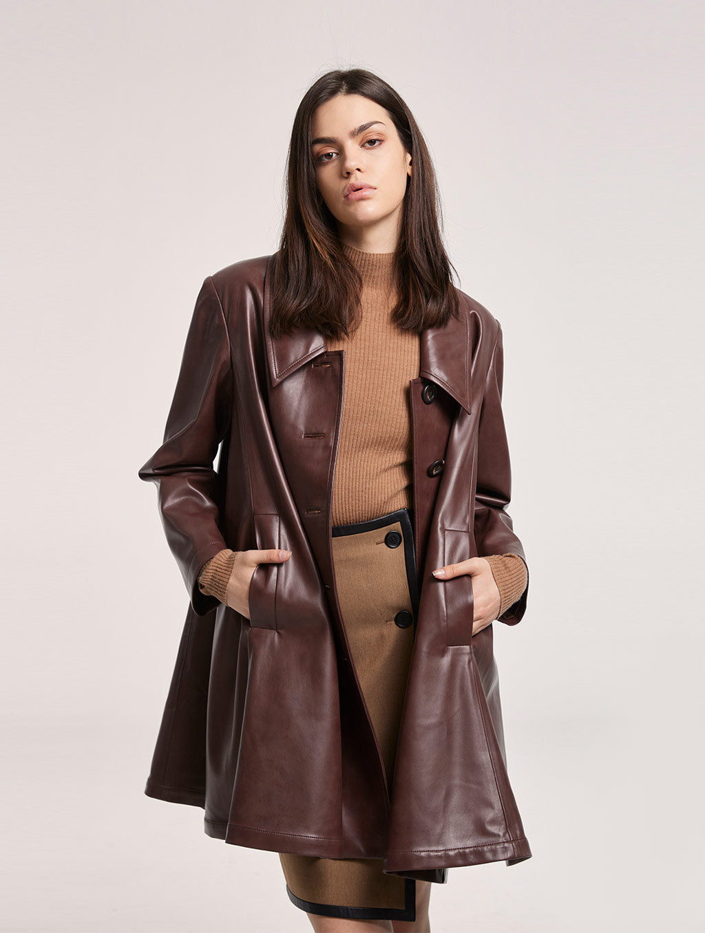 A-Line Buttoned Faux Leather Coat