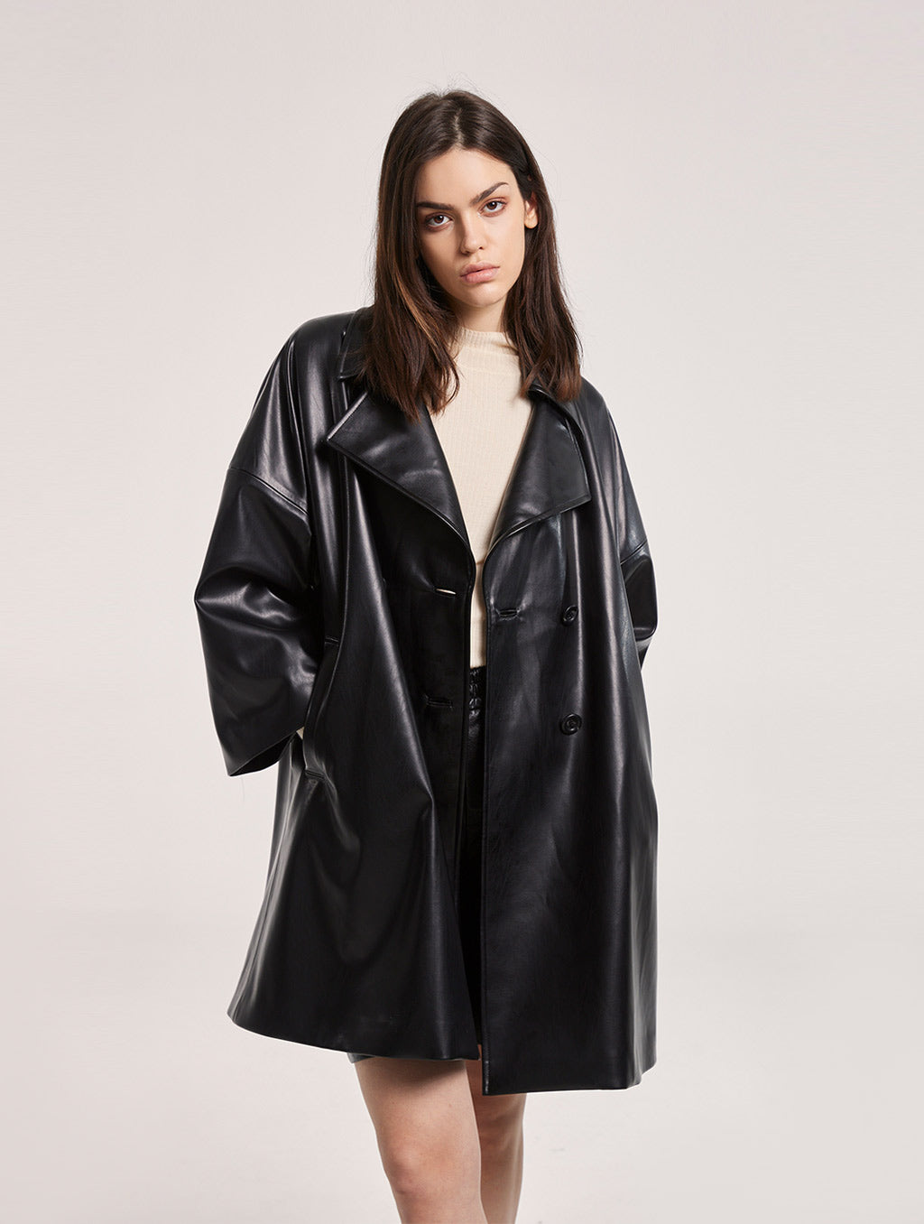 Double-Breasted Faux Leather Coat