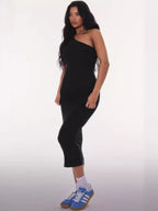 Black One Shoulder Sleeveless Maxi Dress