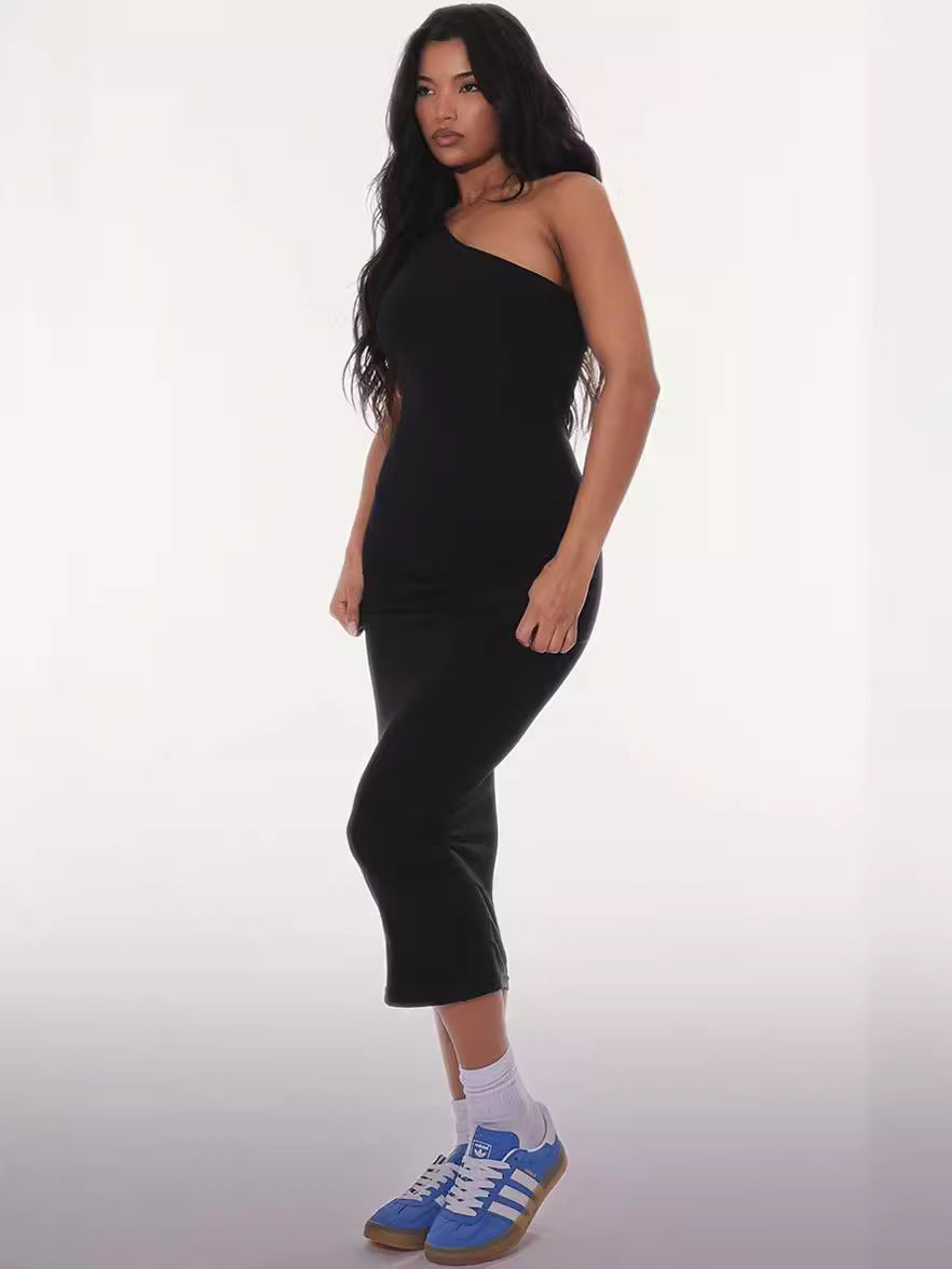 Black One Shoulder Sleeveless Maxi Dress