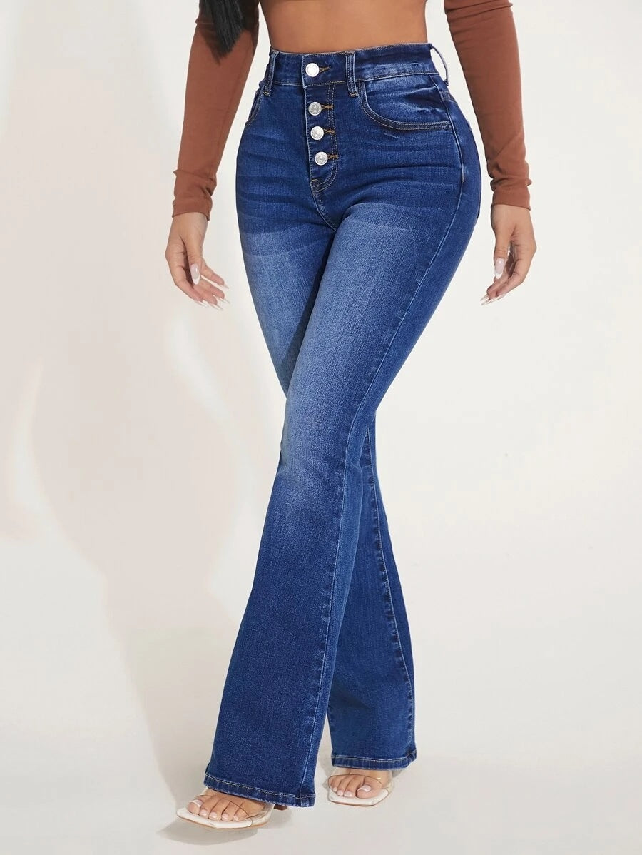 Button high waist stretch flared jeans
