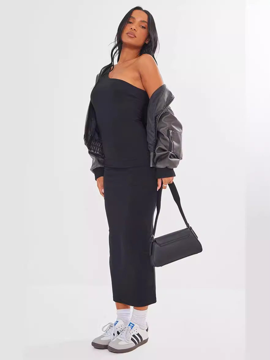 Black One Shoulder Sleeveless Maxi Dress