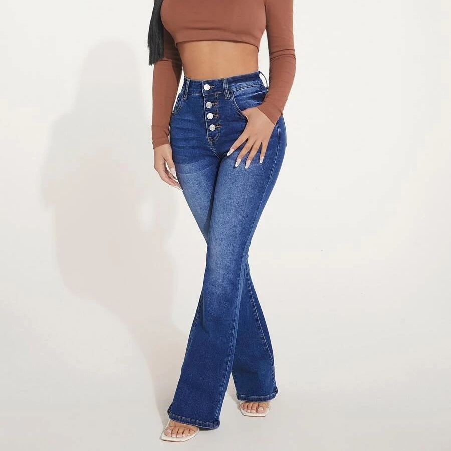 Button high waist stretch flared jeans