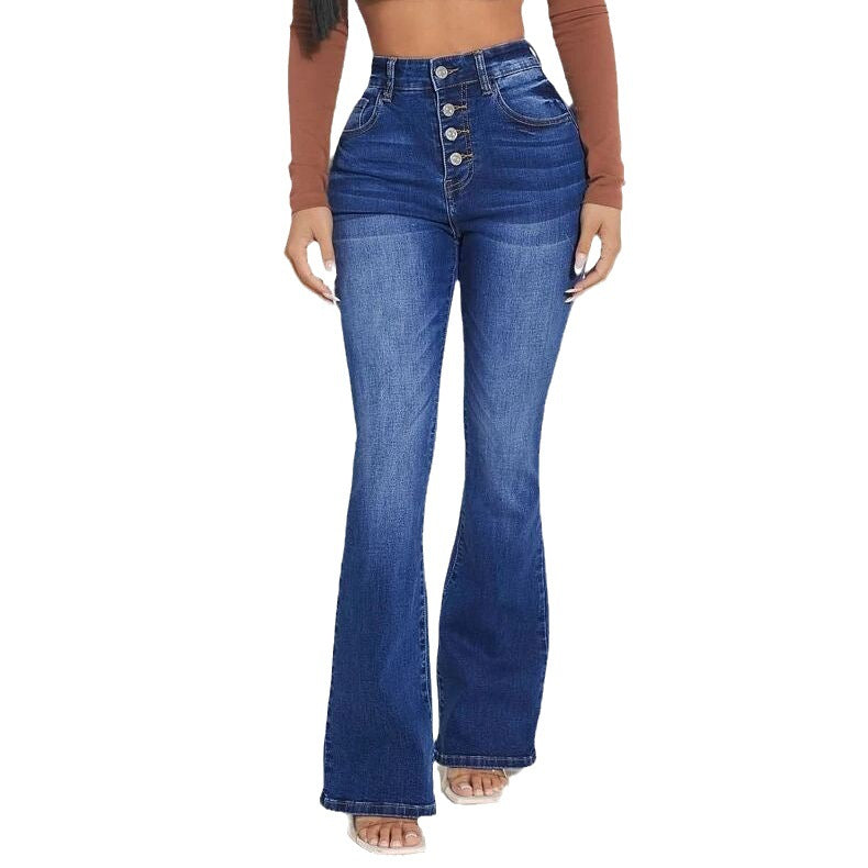 Button high waist stretch flared jeans