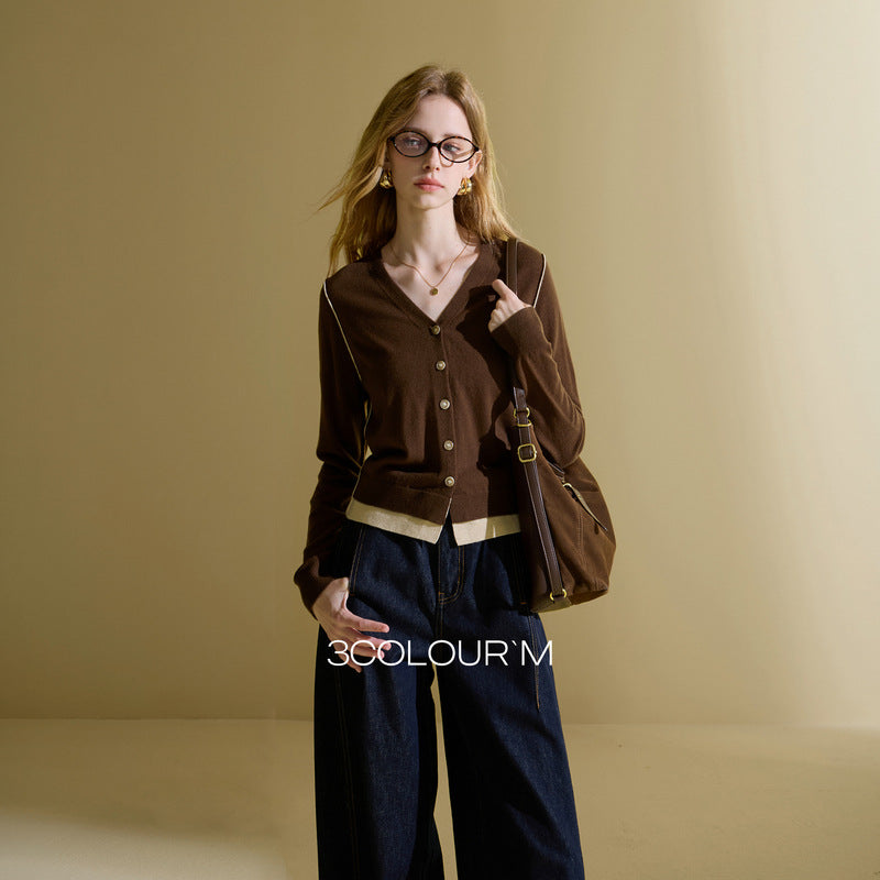 2025 autumn new Maillard knitted cardigan V-neck jacket retro small wool sweater