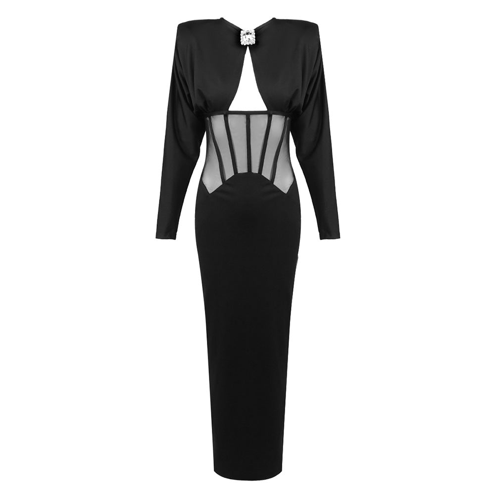 Crew neck elegant split evening dress hip wrap dress