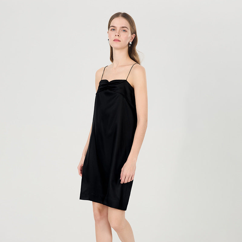 Silk dress black small bow mulberry silk suspender skirt