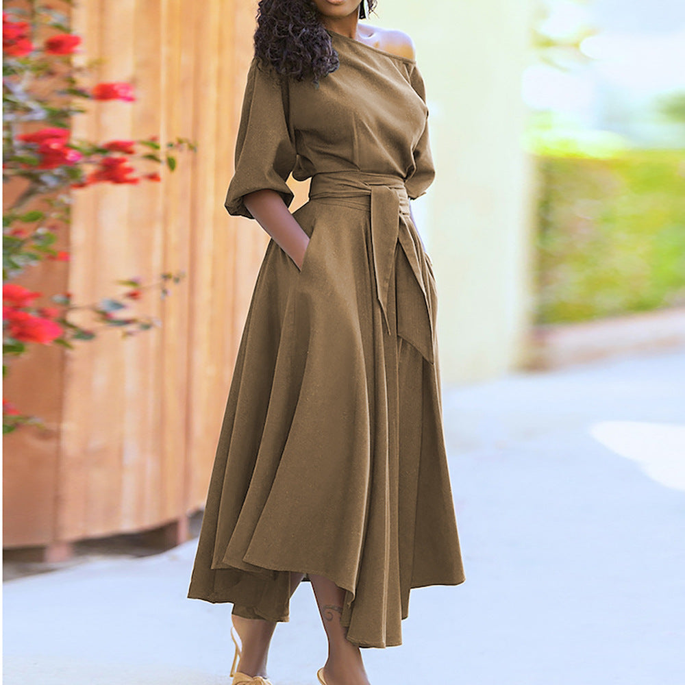 Strap waist temperament slanted shoulder dress