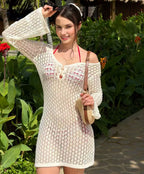 Solid color knitted floating flower knitted hollow dress
