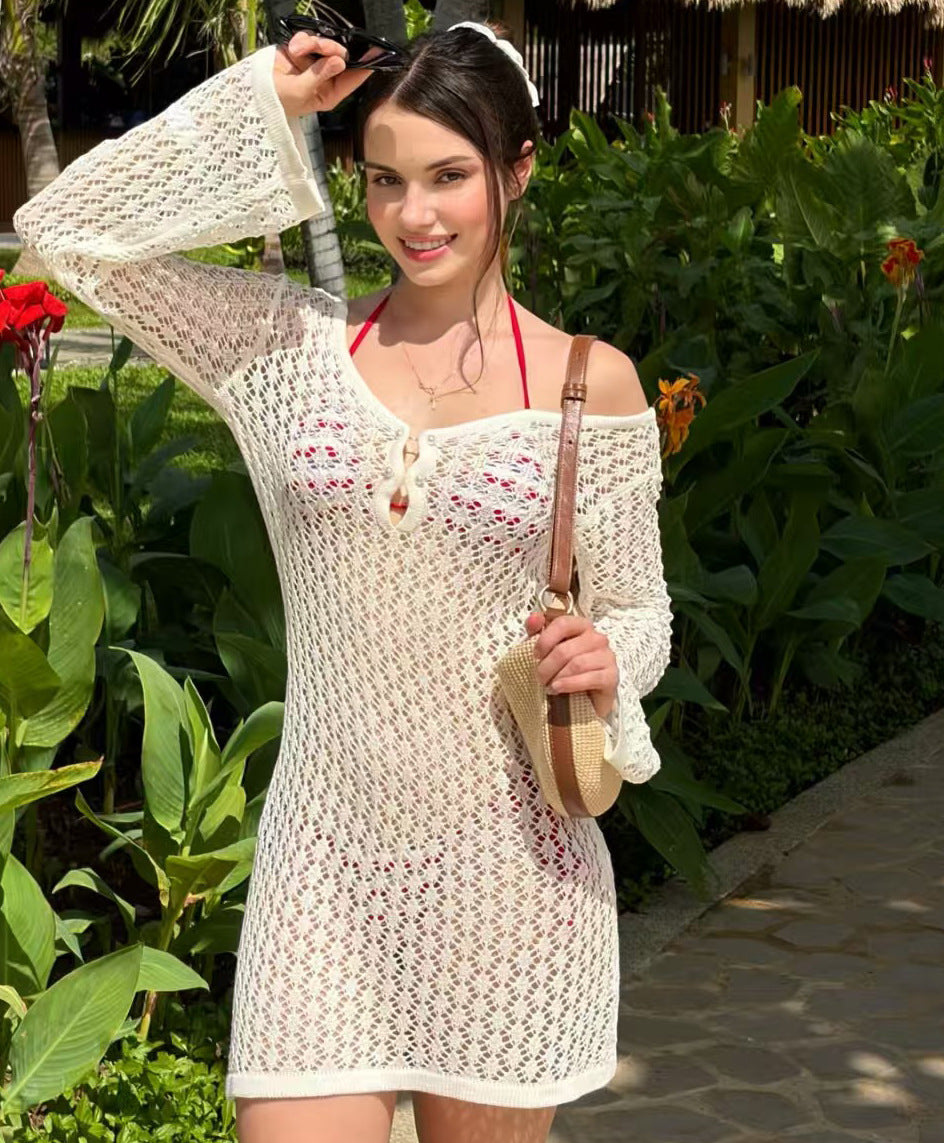 Solid color knitted floating flower knitted hollow dress