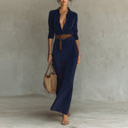 Suede waist long dress shirt skirt with belt