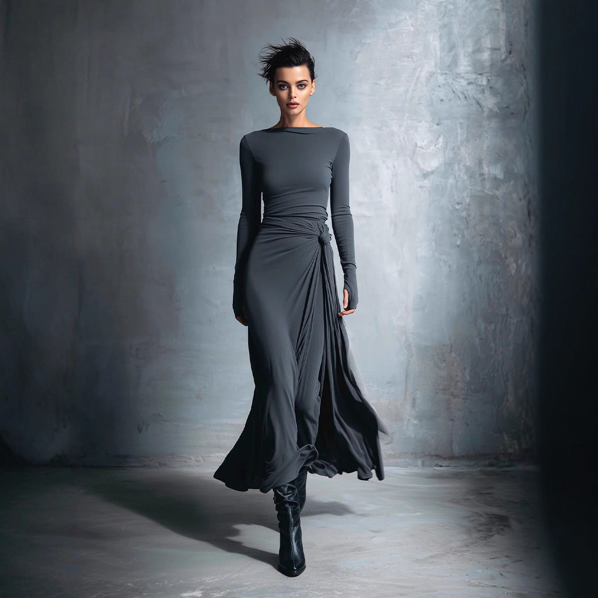 Flat knit wrap skirt knot long skirt