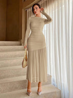 Lace pleated crew neck solid color dress