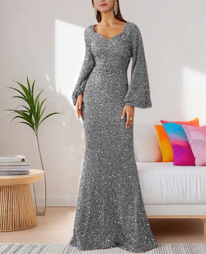 V-neck horn sleeve evening dress