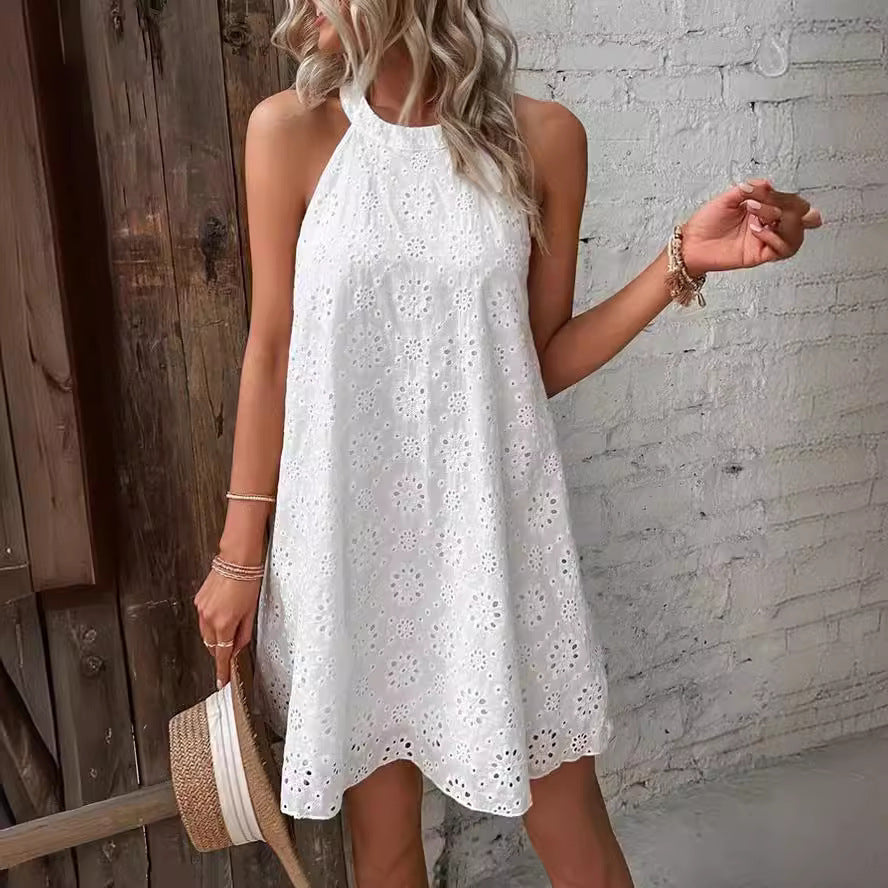 Lace Solid Color Sleeveless Button Neck Dress