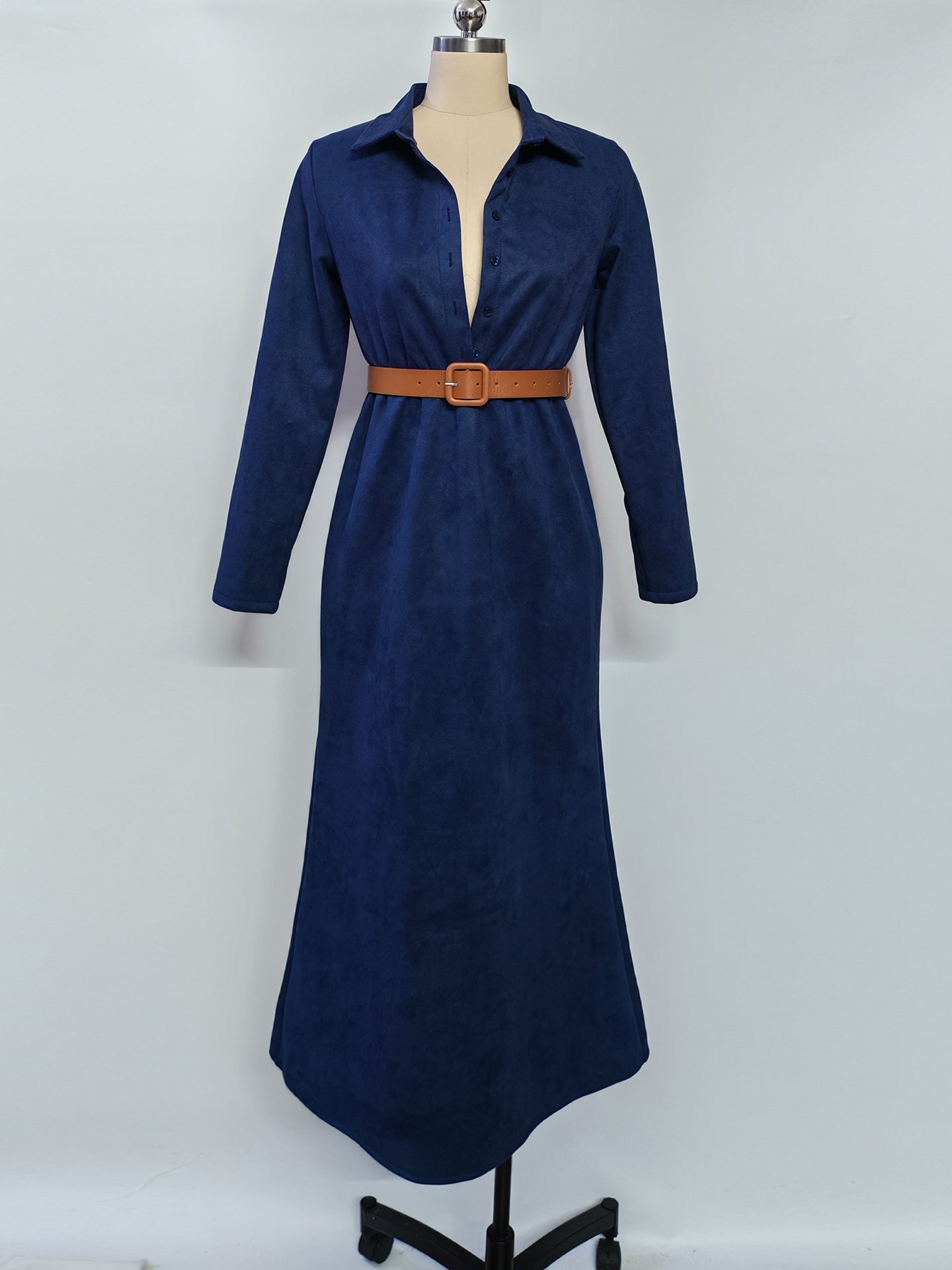 Suede waist long dress shirt skirt with belt