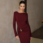 Burgundy Long Dress Metal Accessories Slim Fit Dress