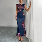 Slim print dress sleeveless step skirt