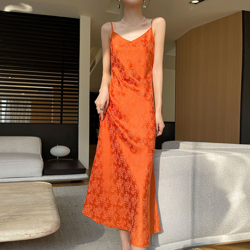 V-neck silk printing temperament slim base sexy dress
