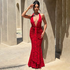 Deep V backless hip-wrapped dress