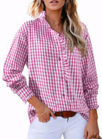 Plaid pleated V-neck shirt