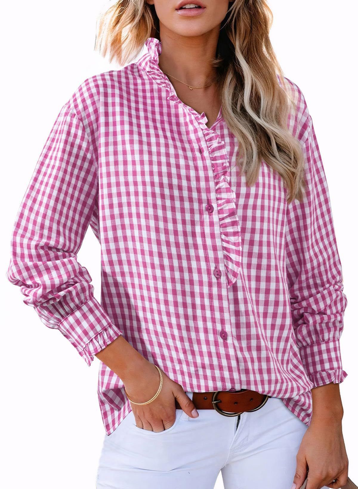 Plaid pleated V-neck shirt
