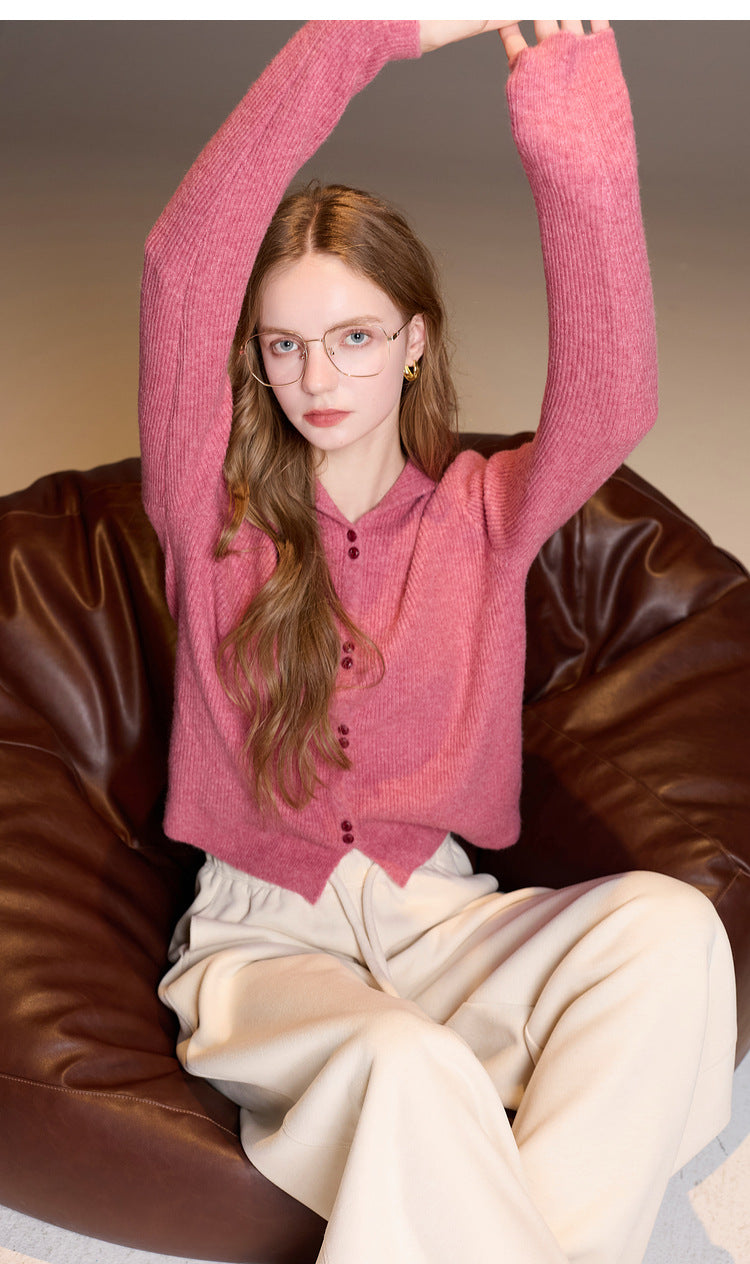 Hooded cardigan over wool jacket