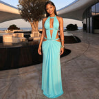 Sexy beautiful back deep V exposed navel solid color pleated splicing dress
