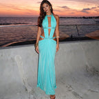 Sexy beautiful back deep V exposed navel solid color pleated splicing dress
