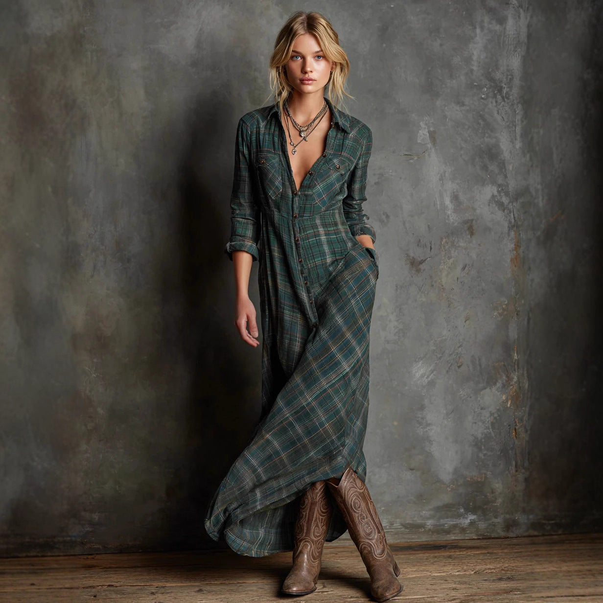 Elegant long-sleeved plaid shirt dress