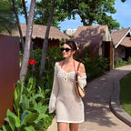Solid color knitted floating flower knitted hollow dress