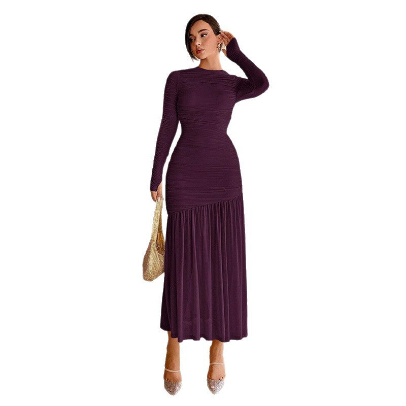 Lace pleated crew neck solid color dress