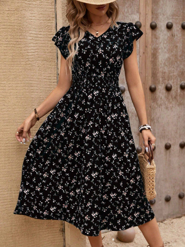 French Fashion Dress Women's Short Sleeve Floral