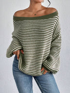 One-word collar contrasting striped knitted sweater