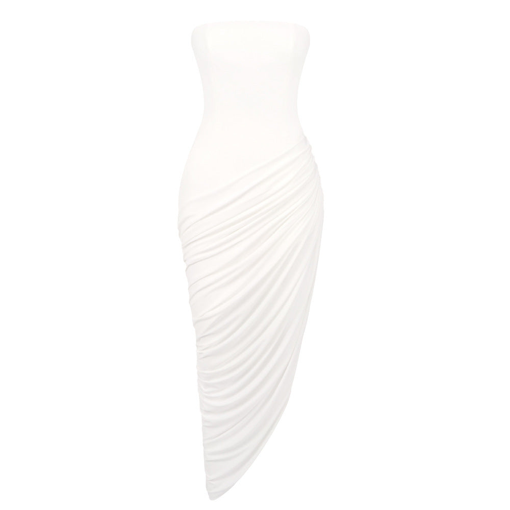 White bandeau twill pleated dress Europe
