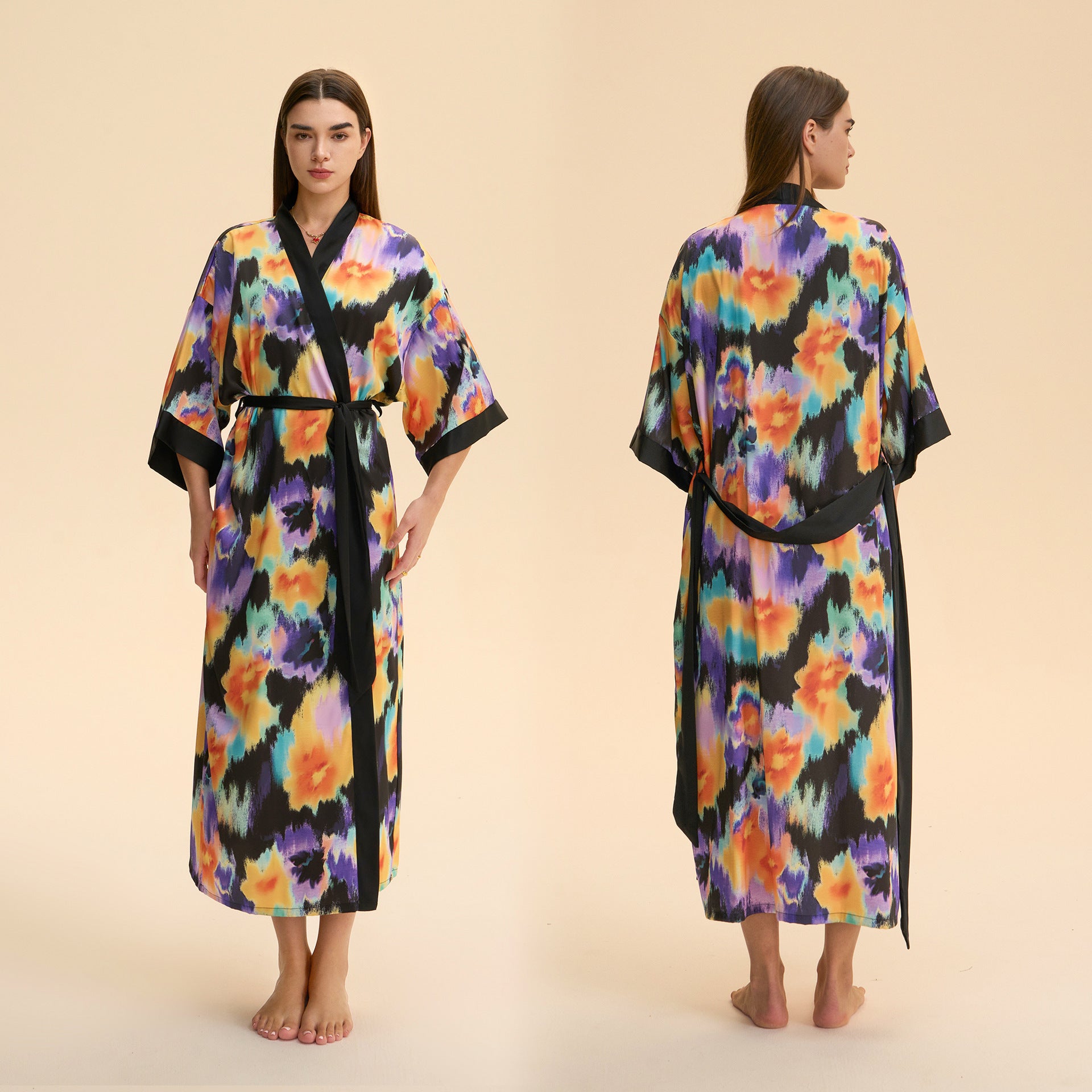Satin chiffon bathrobe shuffle print nightgown