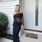 One-word shoulder mesh see-through long dress