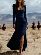 Vintage Western-style button-down pleated long sleeve sexy maxi skirt