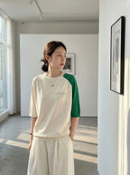 Striped color matching crew neck short-sleeved knitted sweater