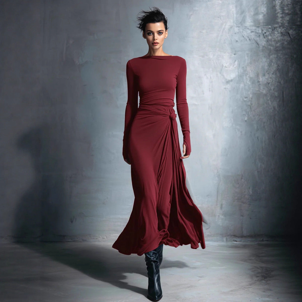 Flat knit wrap skirt knot long skirt