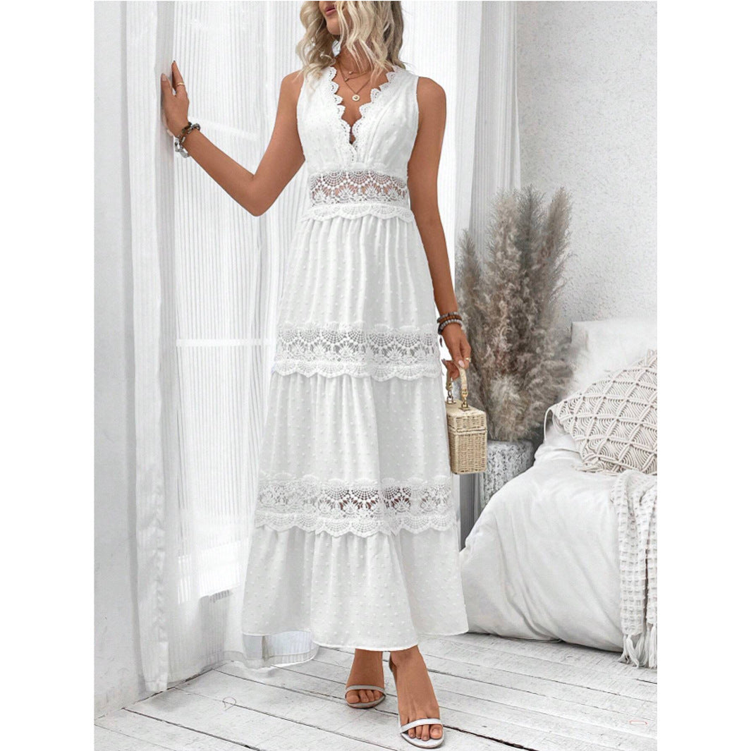 Lace stitching V-neck sleeveless dress