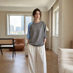 Striped color matching crew neck short-sleeved knitted sweater