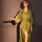 Seven-quarter-sleeved jacquard ice silk nightgown