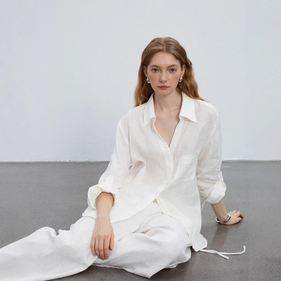 Linen Silhouette V-Neck Shirt Long Sleeve Shirt