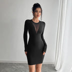 Solid color mesh stitching chest design long-sleeved slim-fit dress