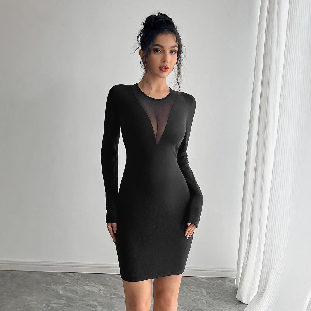 Solid color mesh stitching chest design long-sleeved slim-fit dress